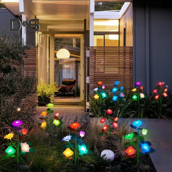 4Pcs Solar Powered Rose Lamp High Efficiency LED Waterproof Outdoor Garden Stake Light with 3D Rose Design