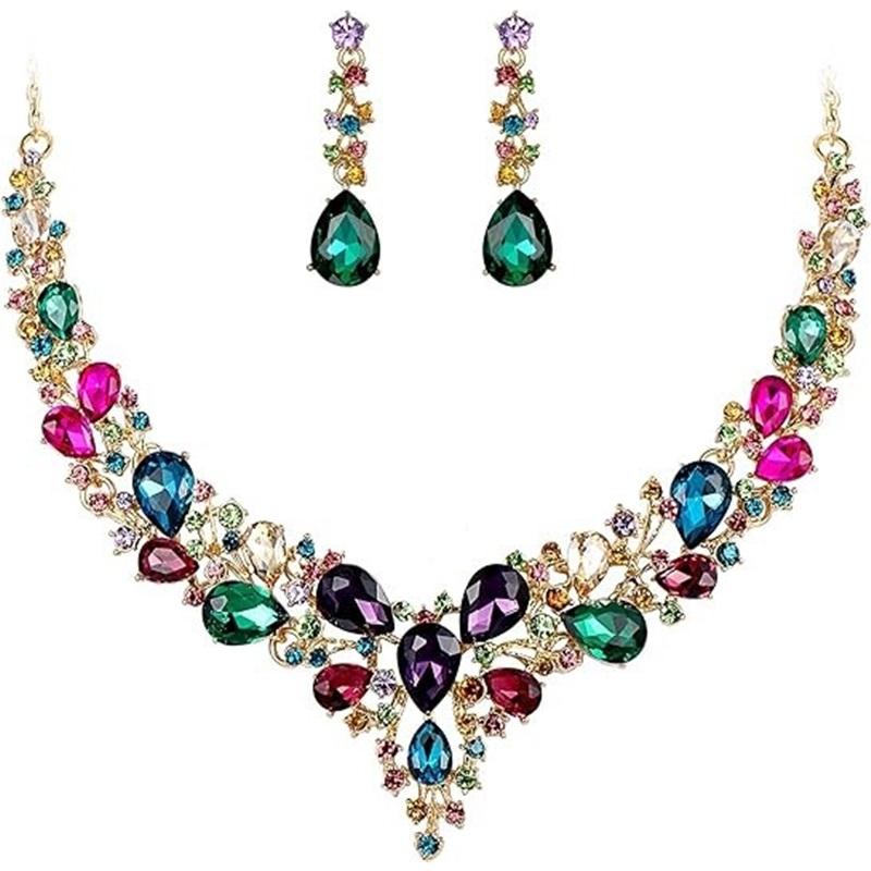 Newlywed Rhinestone Crystal Necklace And Earrings Set - Luxurious Jewelry Set For Ladies' Dance And Banquet Events