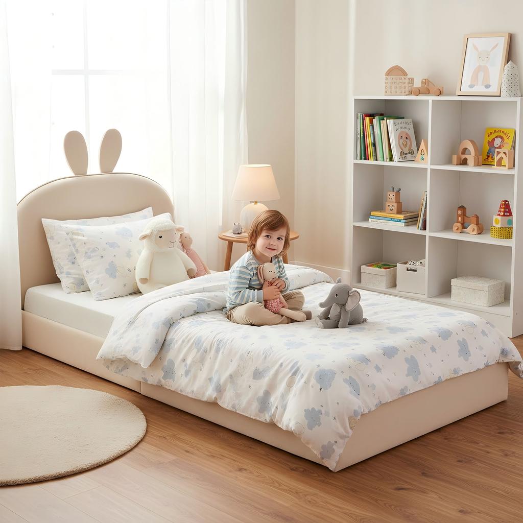 Rabbit Headboard Upholstered Bed, Children's Bed with Wooden Slats, Single Bed, Velvet, Beige, 90x200cm