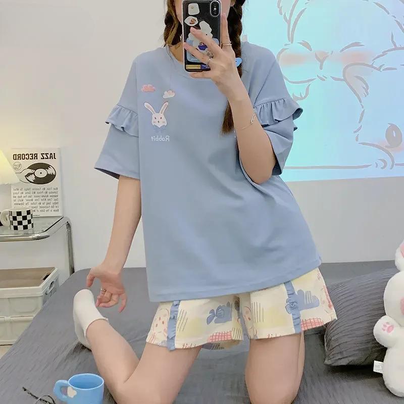 Summer Woman Pajama Cotton Cartoon Sleepwear Orange Cartoon Printing Pyjamas Set Young Lady Shorts Pullover Lingeries
