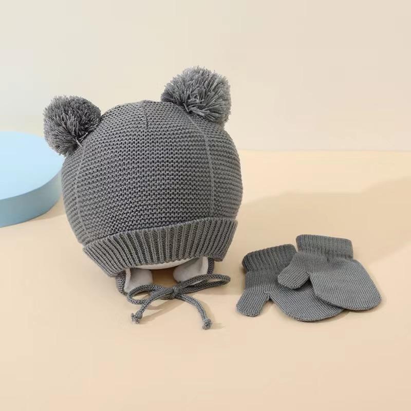 Baby Strickhandschuhe Mütze Set Einfarbig Herbst Winter Ohrenschutz Säugling Kleinkind Beanie Mütze für Mädchen Jungen Niedlich Outdoor