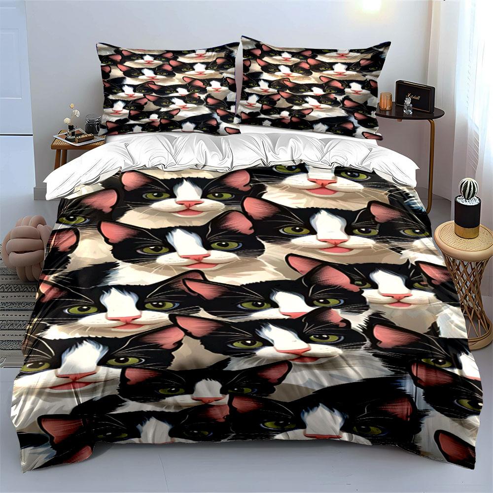 Black-and-white cat faces. Bedding sets Duvet cover sets Duvet covers Pillowcases(1 * Duvet Cover 2 * Pillowcases, without duvet insert)