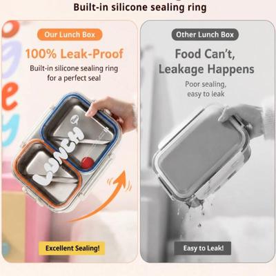 Portable Leak Proof Stainless Steel Lunch Box With 3 Compartments For School Office And Outdoor Use