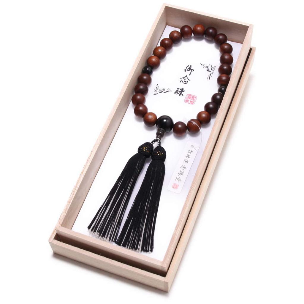 Nenjudo Made In Japan Men's Buddhist Prayer Beads, Sandalwood with Silver Obsidian, Silk Tassel, and Prayer Beads Bag. Suitable for All Sects.