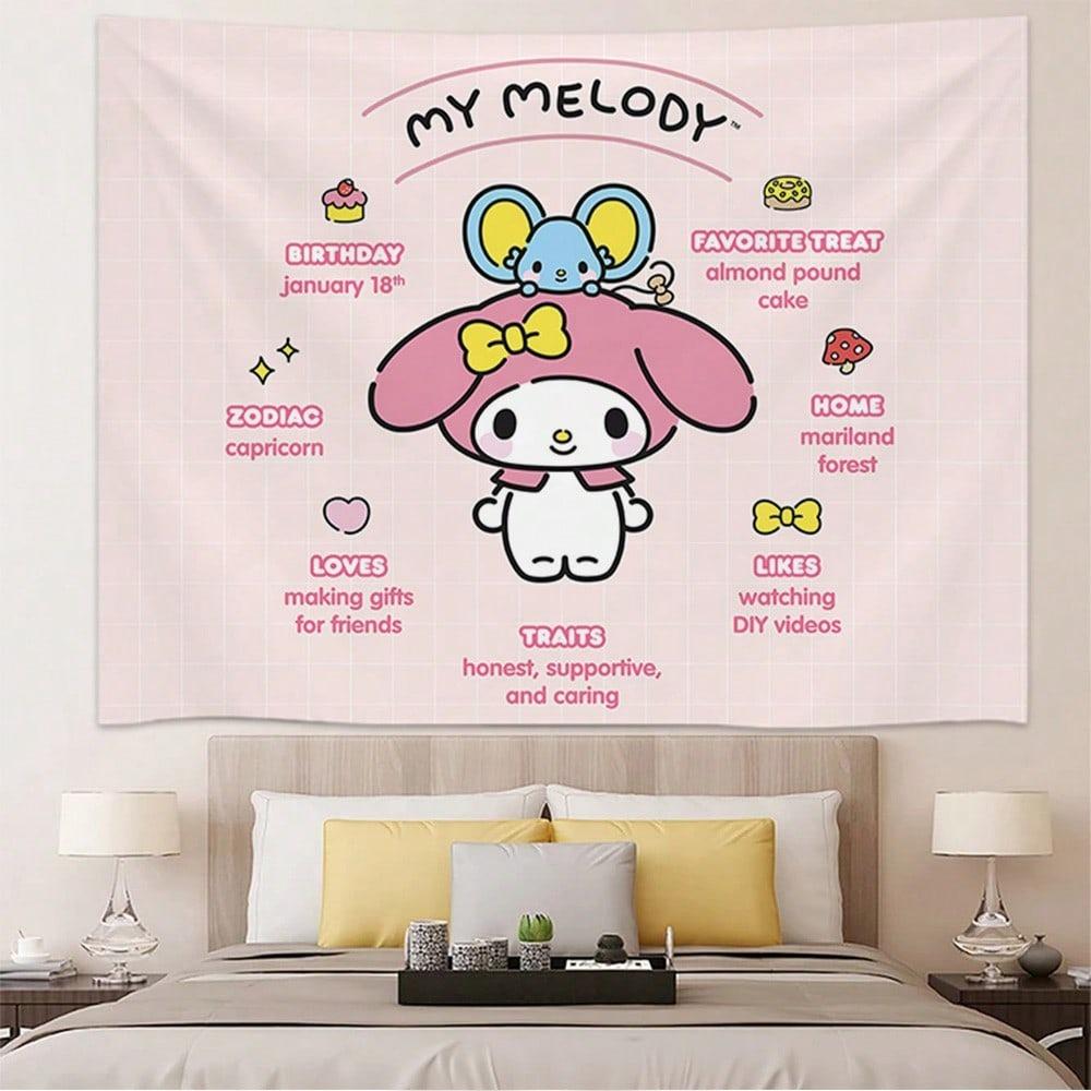 Sanrio My Melody Printed Tapestry Pink Cartoon Cute Bedroom Living Room Background Wall Decoration Dormitory Apartment