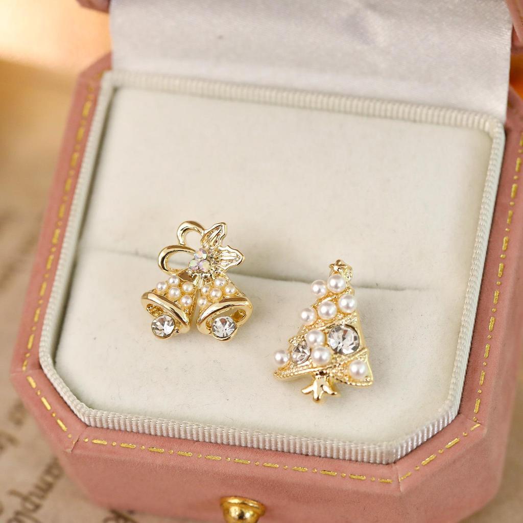 Korean Design Pearl & Jingle Bell Gold-Plated Christmas Tree Stud Earrings