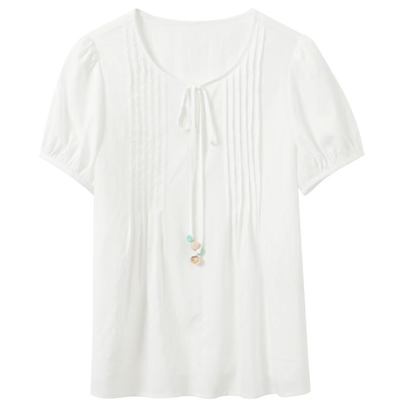 Women s Lyocell Blend Puff-Sleeve Round Neck Tie-Front Pullover Top M