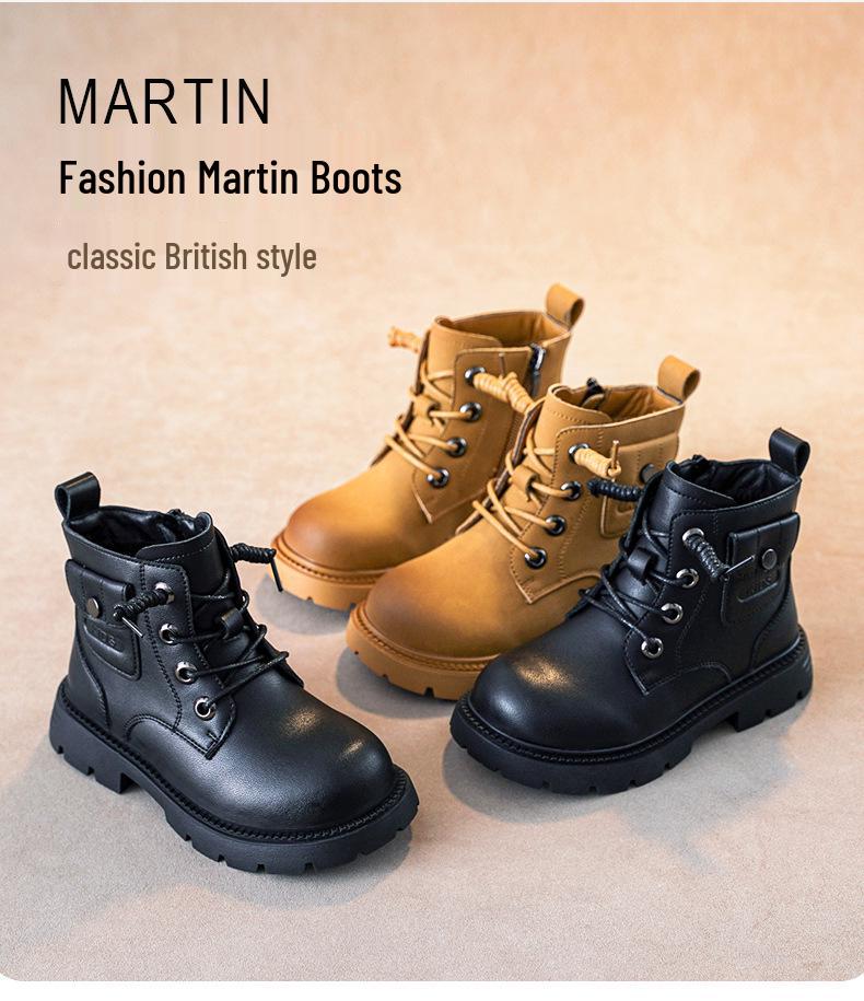 Boys' Black British-Style Leather Boots - Short, Dr. Martens-Inspired, Soft Sole, for Autumn/Winter