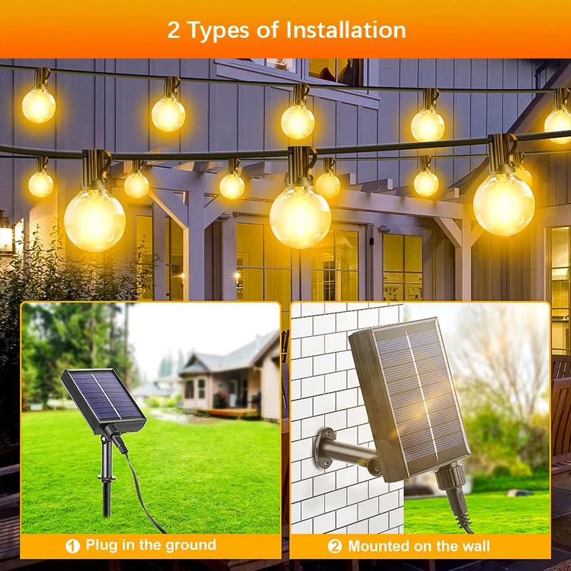 Solar & USB Dual Charging LED String Lights, 15m 15 Lamps, 8 Modes, Brightness Adjustable, Ground Spike & Wall Mount