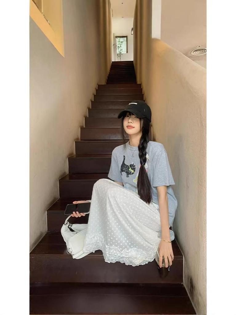 Plus Size Women's Korean Style Two-Piece: Printed Short Sleeve T-shirt & High Waist A-line Skirt
