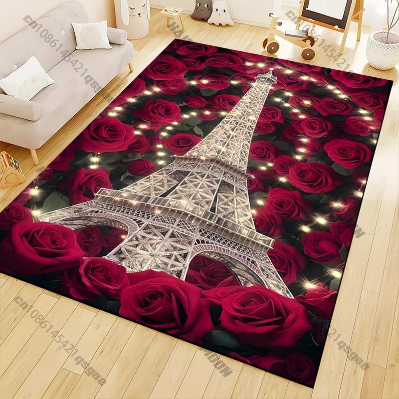 Roses and Eiffel Tower Pattern Rug for Bedroom Living Room Carpets for Girls Room Floor Mat Home Decor Non-Slip Rug Large Size