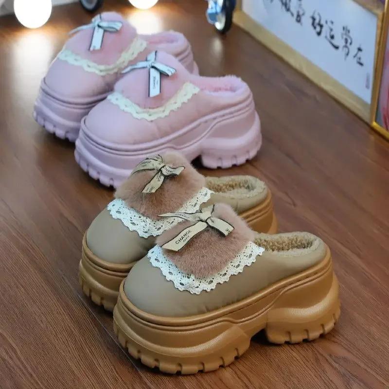 Fashion Winter Furry Women Waterproof Mules  Cotton Slippers Girl Bow Tied Furry Slippers Home Platform Warm   Slippers Ladies