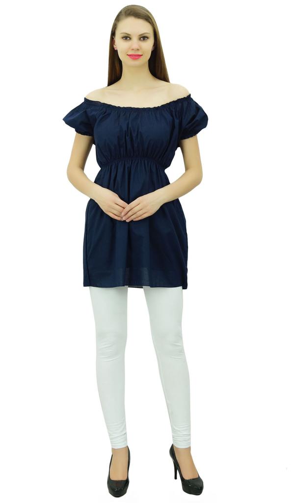 Bimba Women's Off shoulder Puff Sleeve Tops Elastic Waist Blouse Cotton