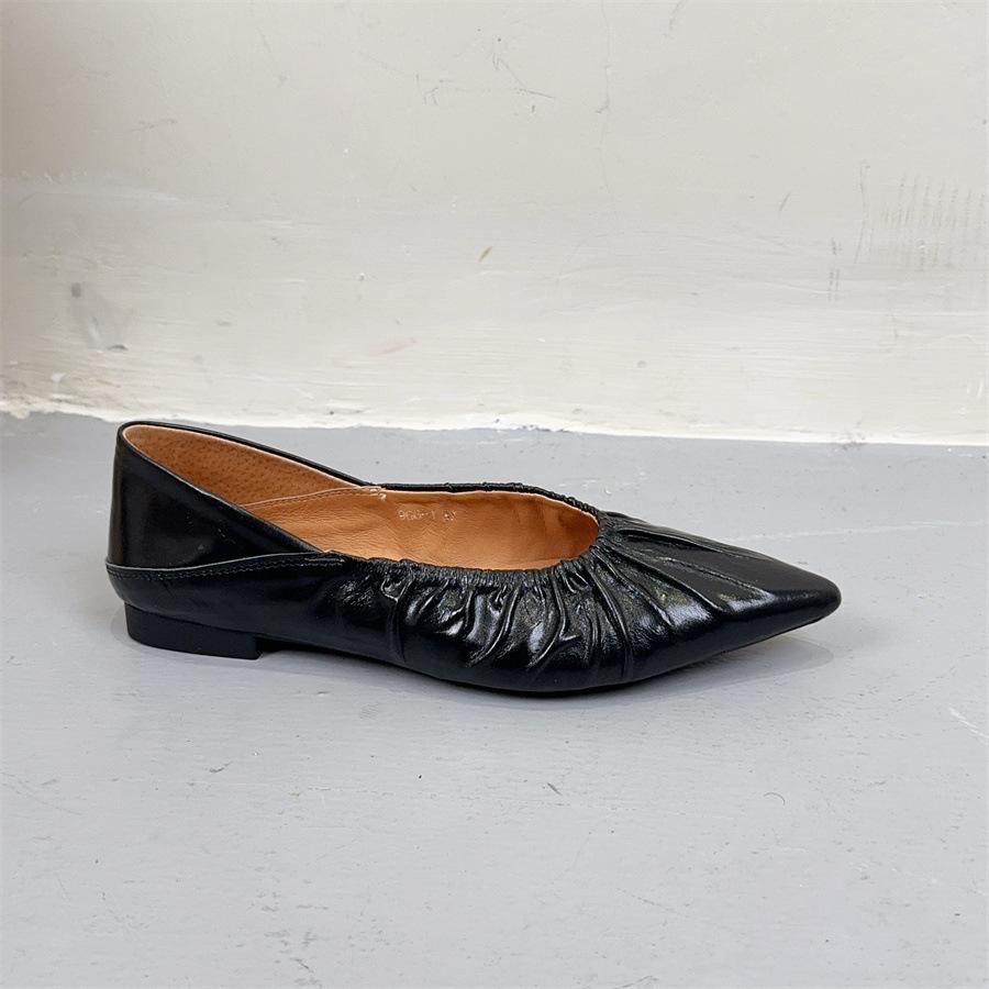 Johnature Faltige Rindsleder Spitzschuh Temperament Damenschuhe Echtes Leder Weiche Sohle Vielseitige flache Schuhe