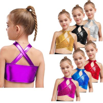 Girls Sparkly Dance Top Jazz Latin Ballroom Costume Cross Keyhole Design Metallic Sequins Crop Top