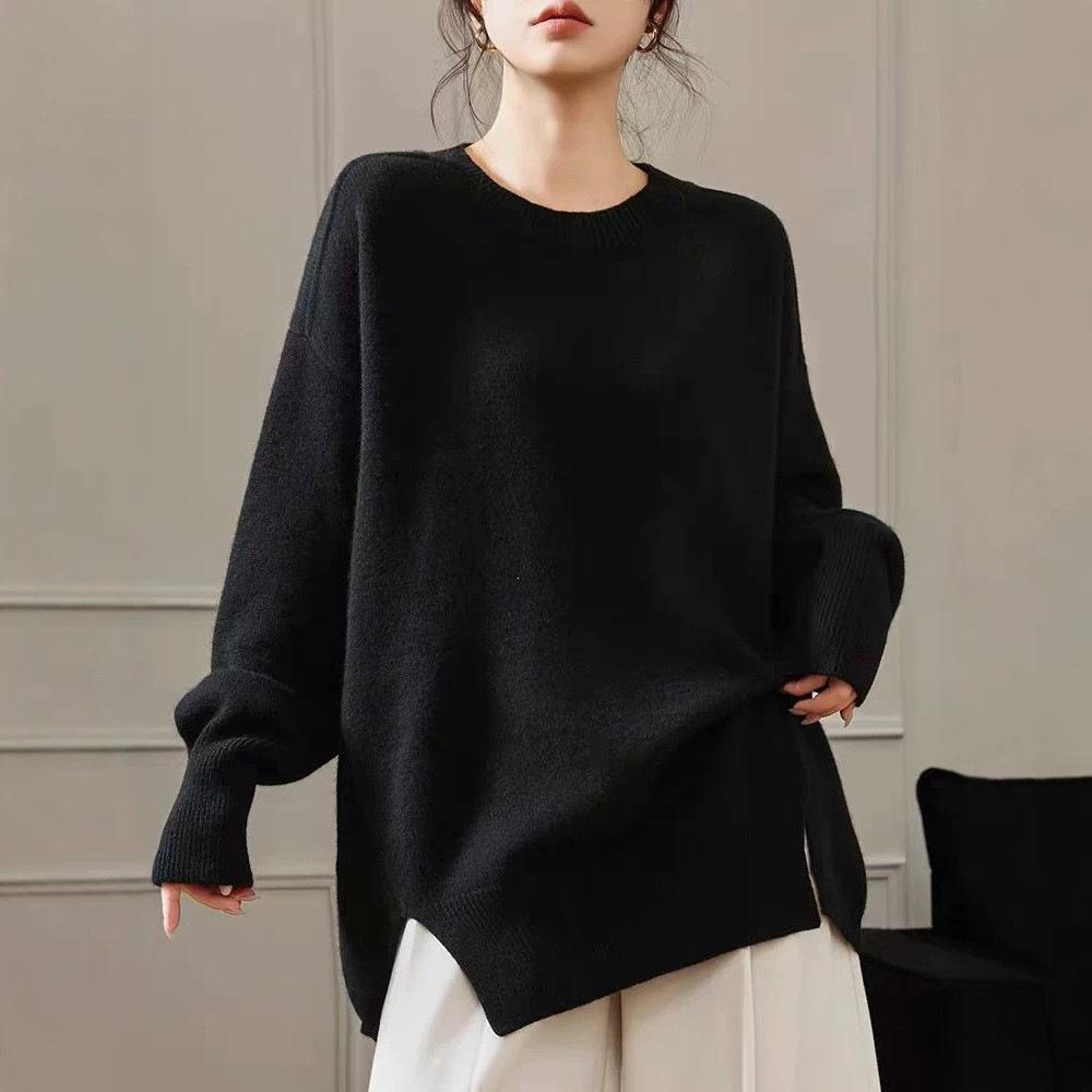 Women's Plus Size Round Neck Sweater - Autumn/Winter Solid Color Knit with Slit Design