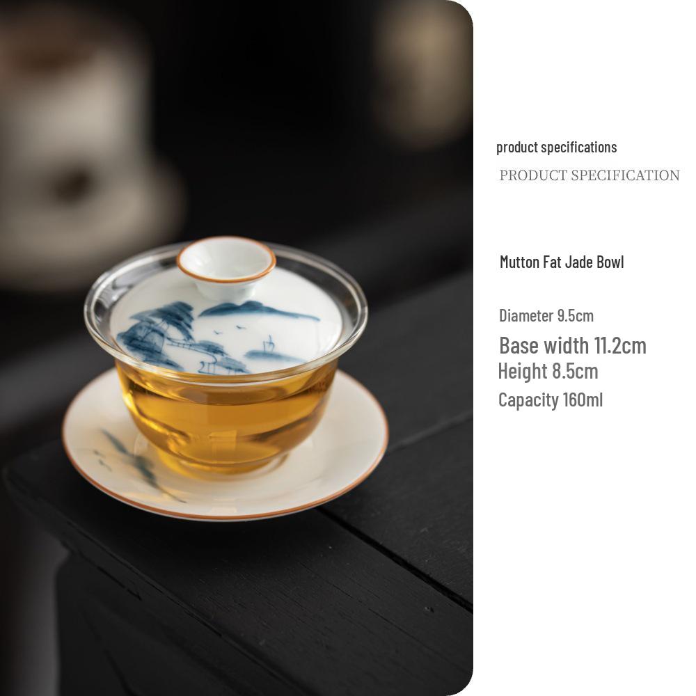 Chinese Hand-Painted Gaiwan Tea Set with Borosilicate Glass and Mutton Fat Jade White Porcelain
