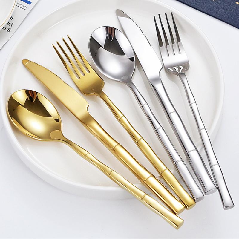 304 Stainless Steel Cutlery Thickened Table Fork Knife Spoon Bamboo Handle Dinnerware Western Tableware