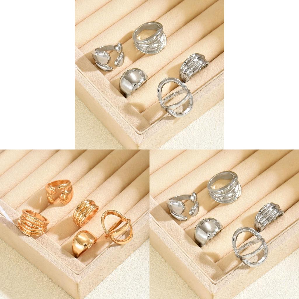 Modern Retro Metal Ring Stack For Women Featuring Geometric Lines For Daily Wear