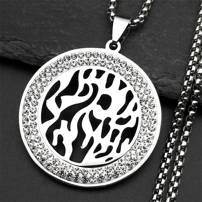 Hollow Rhinestones Round Pendant Necklace for Women Men Stainless Steel Gold Silver Color Amulet Chain Jewelry Gift
