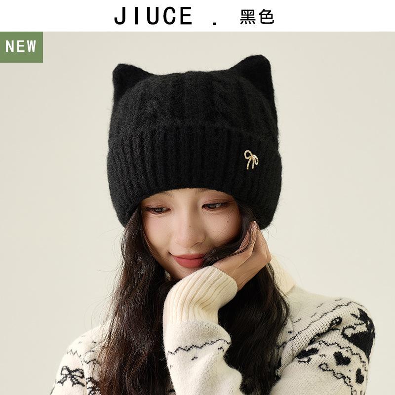 Women's Cute Cat Ear Thickened Knitted Hats Bowknot Warm Ear Protection Hats