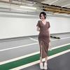 Sexy Black Dress Women's Summer New Temperament Drawstring Split Fork Slim Small Knee Dress