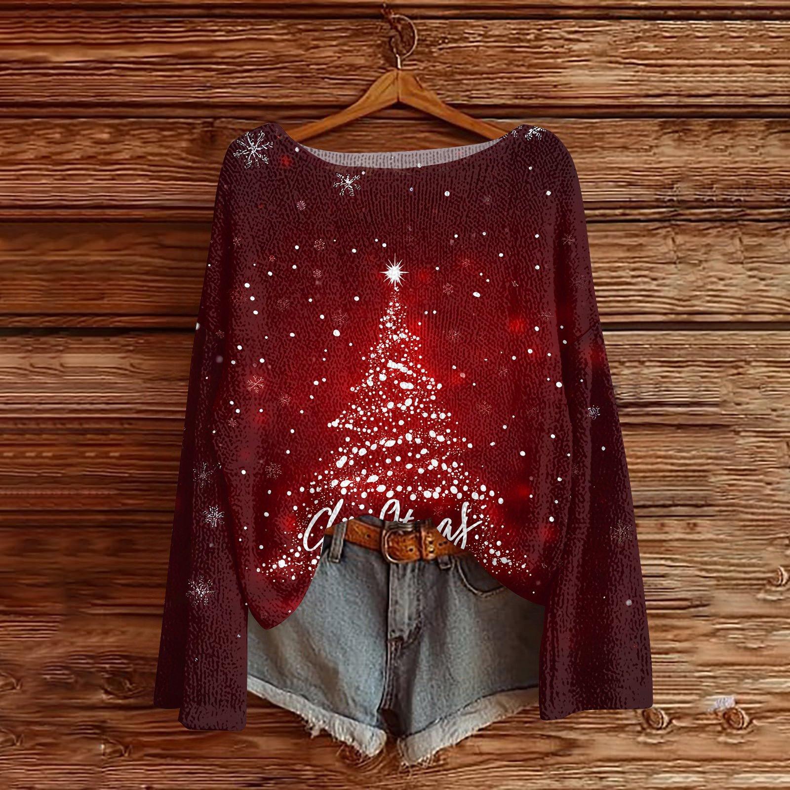 

Women s Round Neck Lightweight Sweater Casual Long Sleeve Christmas Print Knit Pullover. XL