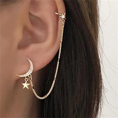 Neue Mode Gold Farbe Mond Sterne Clip Baumeln Ohrringe Ohr Clip Für Frauen Einfache Gefälschte Knorpel Lange Quaste Kette Ohr cuffJewelry
