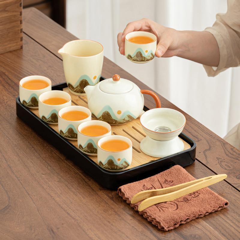 Open Ru Kiln Tea Set Retro Qingshan Portable Open Tea Ware Household Kung Fu Ceramics Complete Set Customized Printing