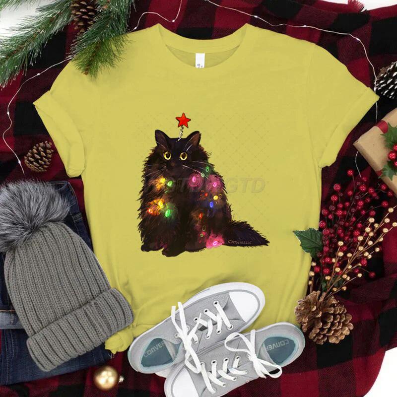 Women Tshirts Christmas Lights Cat Kawaii Cartoon Tops Tees Cute Animal Lover Funny T Shirts Girl Black Cat Fashion Casual Tops