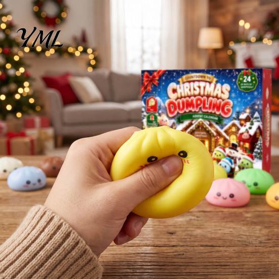 Christmas Party Favors Cartoon Dumpling Gift Box, Xmas Advent Calendar with 24 Stress Countdown Relief Squeeze Toys, Days Steamed Bun Toy Box
