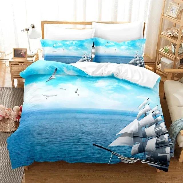 SailBoat Sea Bedding Set Ocean Sunset Scenery Duvet Cover Pillowcases Twin Full Queen King Size for Kid Adult Gift Bed Linen