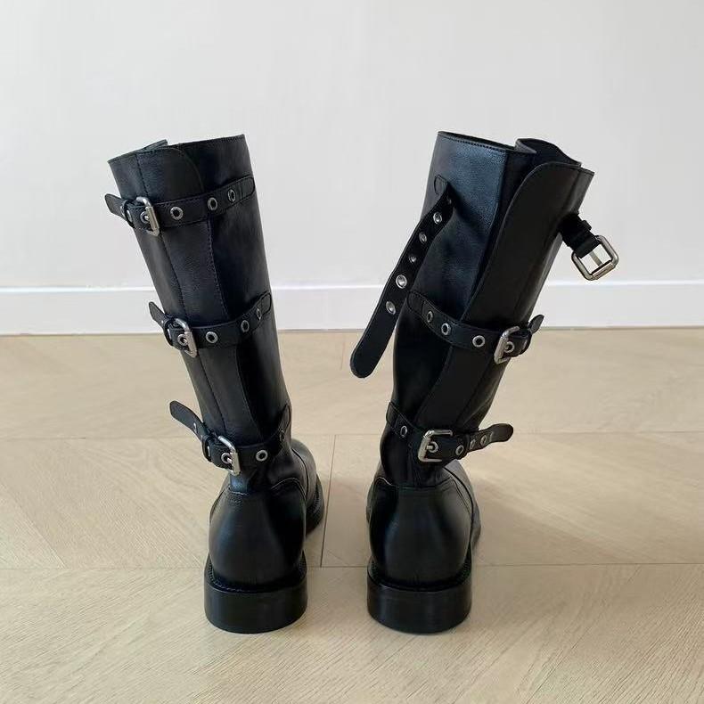 Cowhide Version~ Korean Version Thick Heel Pleated High Boots Women's 25 New Folded Three-wear Outdoor Locomotive Knight Boots Long Boots