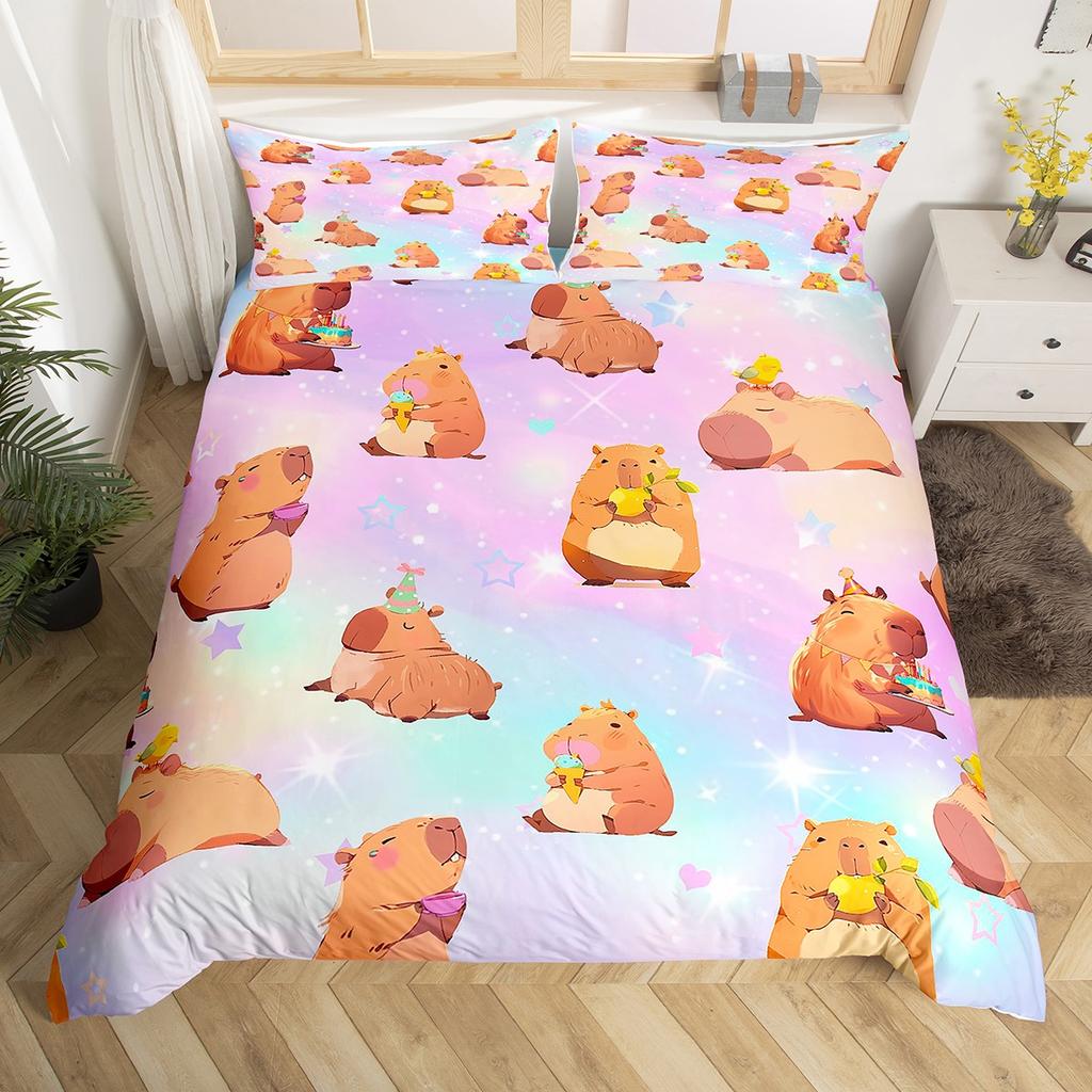 Homewish Cartoon Capybara Teens Duvet Cover SetLotus Flower Floral Bedding SetKawaii Orange Watermelon Bed Set