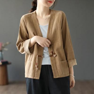 Women Long Sleeve Casual Jackets Autumn Vintage Style V-neck Corduroy All-match Loose Female Outerwear Coats