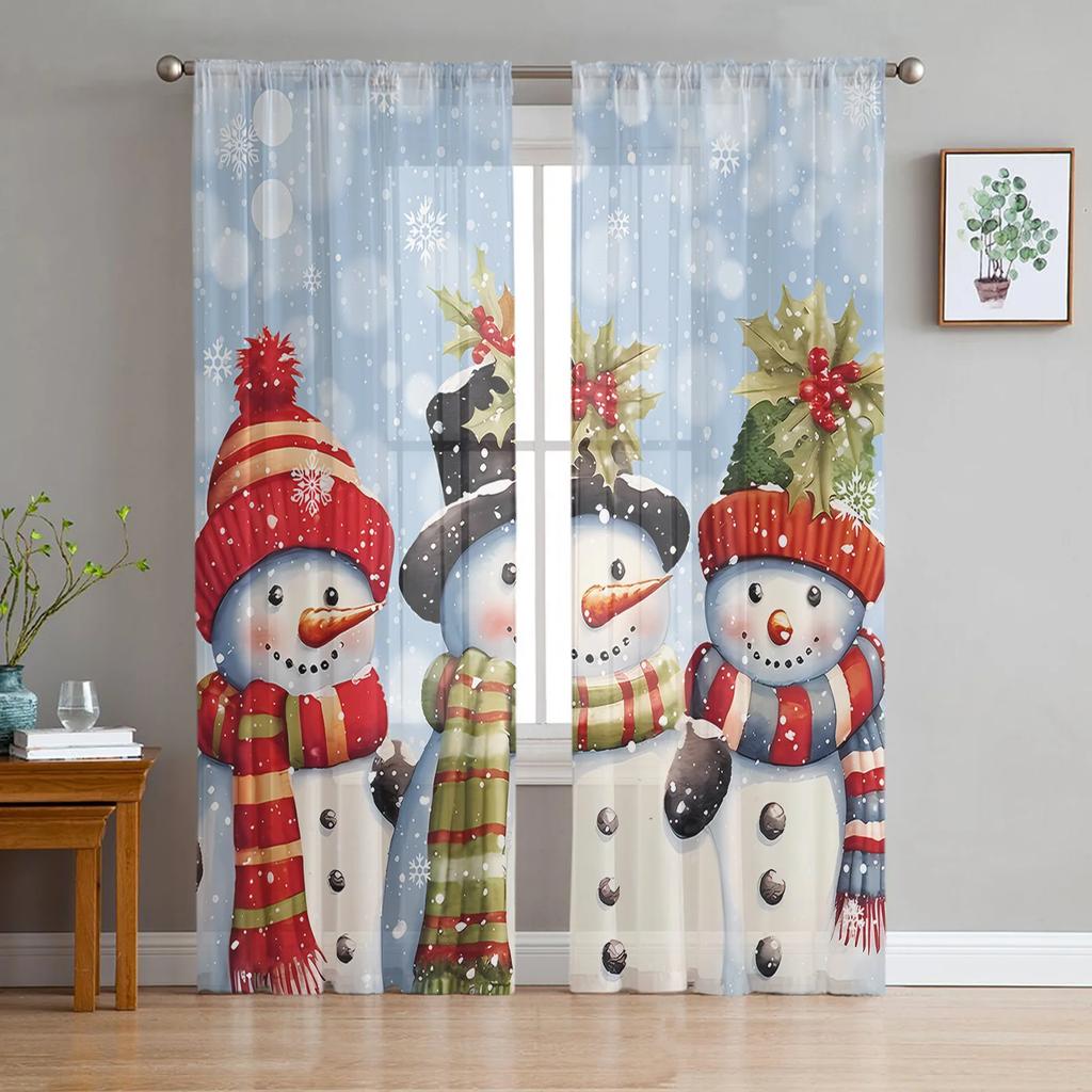 Christmas Snowman Snowflake Red Yarn Curtain Window Tulle Curtains For Living Room Kitchen Window Sheer Voile Curtains