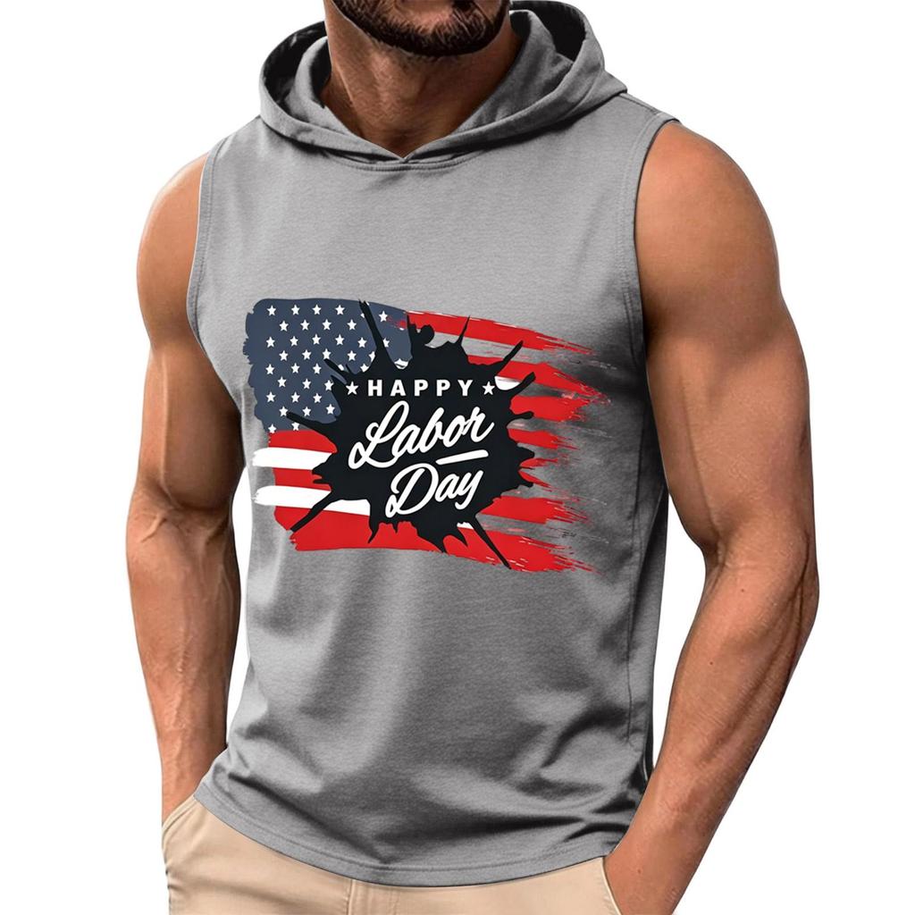 Ärmelloser Herren Hoodie Lässiger Leichter Pullover Kapuzen Tanktop mit Arbeitsfeiertags-Grafikdruck für Sommerliche Outdoor-Aktivitäten