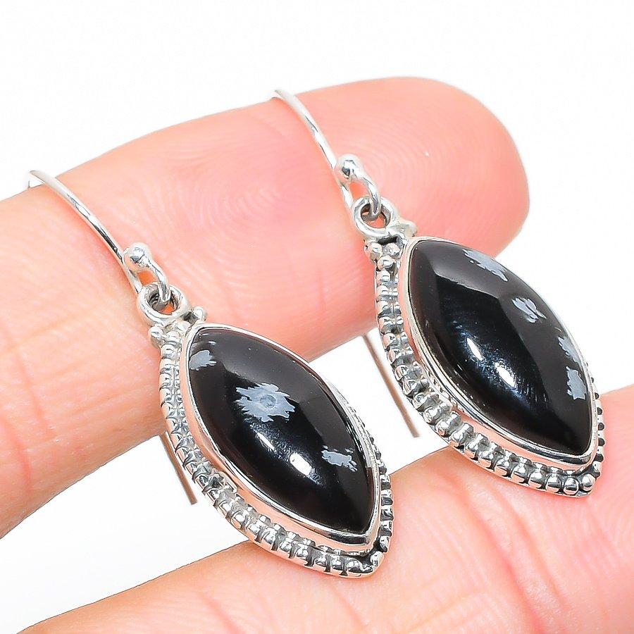 Natural Snowflake Obsidian Gemstone 925 Solid Sterling Silver Earring 1.50" C4I06