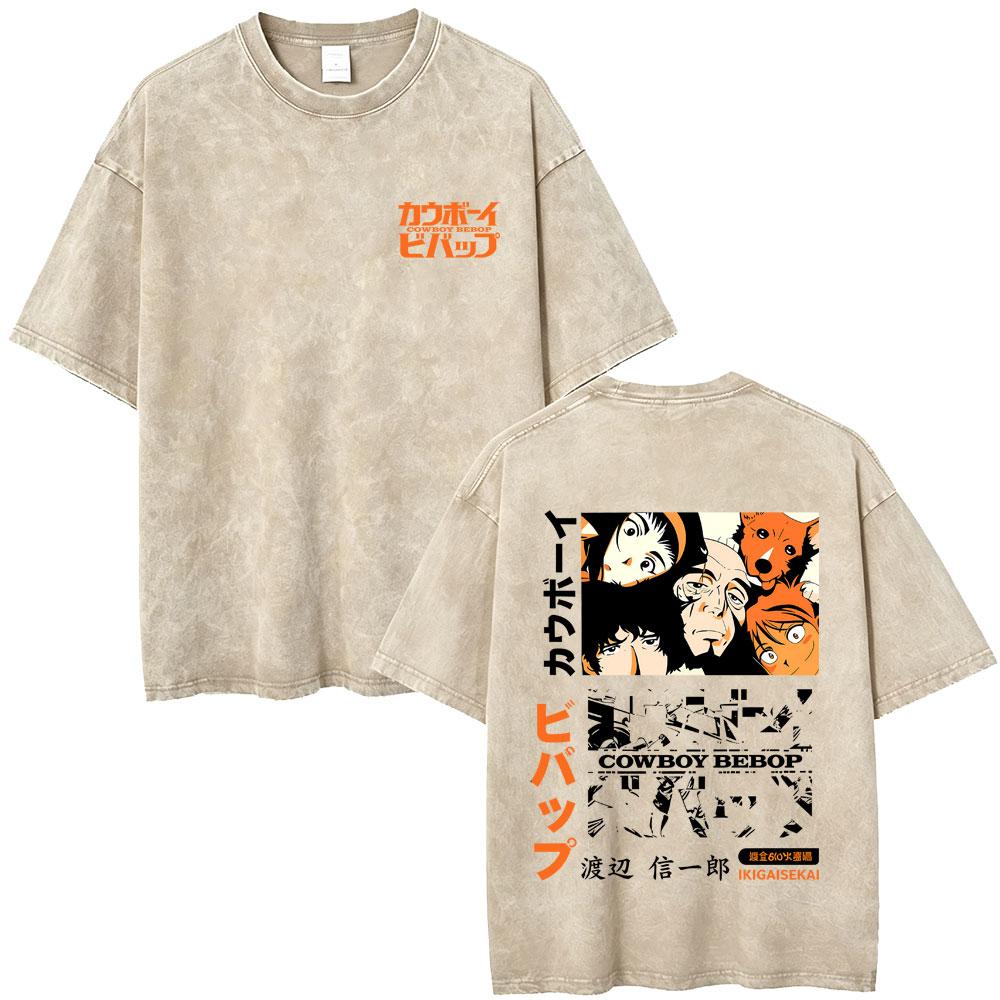 Anime Cowboy Bebop Vintage Washed T-shirt Spike Spiegel See You Space Cowboy T-shirts Manga Retro Oversized T Shirts Unisex