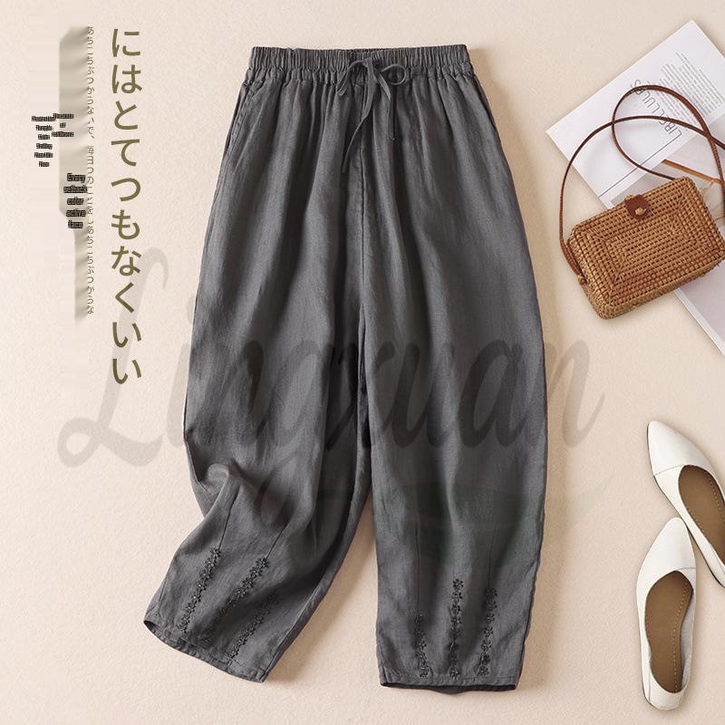

Versatile Lace-Up Linen Harem Pants - Solid Colors, Eight-Point, Lace Splicing 2XL сірий колір