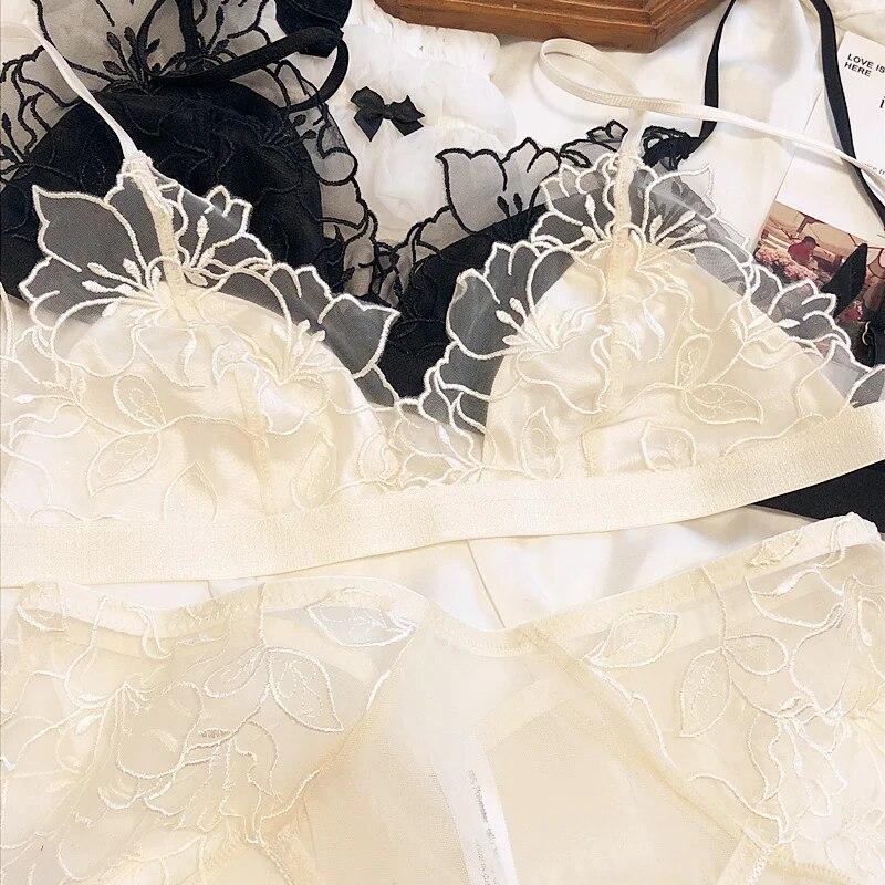 Französisches Damen-Unterwäsche-Set, sexy, ultradünnes BH-Set, Spitze, Stickerei, Bralette, Komfort, Dreieck-Cup-BHs, atmungsaktive Mesh-Dessous