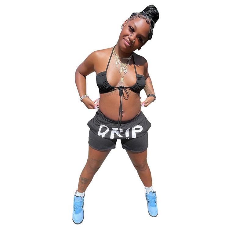 Stylish Halter Neck Printed Lace-Up Two-Piece Suit for Women