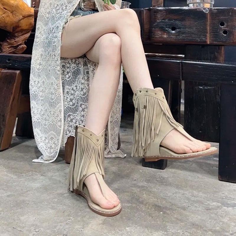 [] Pinch-in tassel sandals women's new summer open-toe side zipper inner height-increasing cool boots