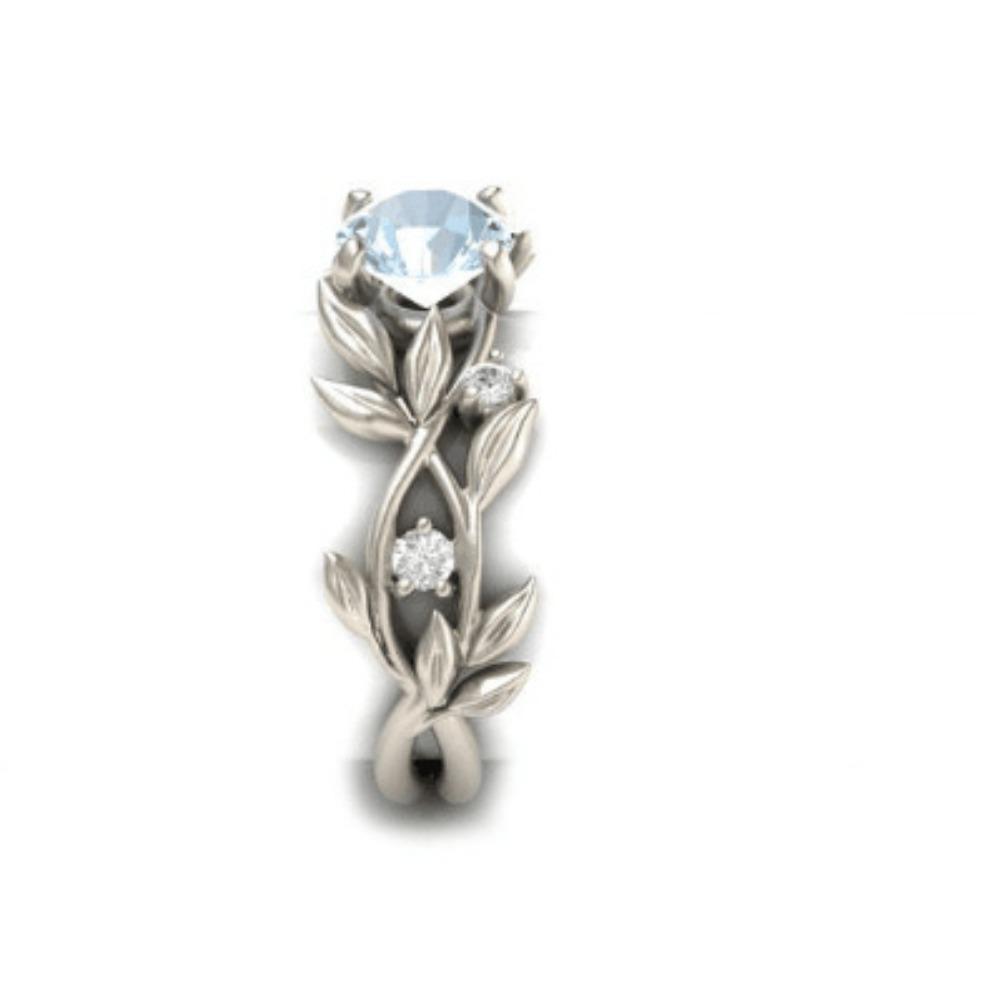 Elegant Princess Olive Leaf Engagement Ring Set with Diamond and Blue Zircon for Women