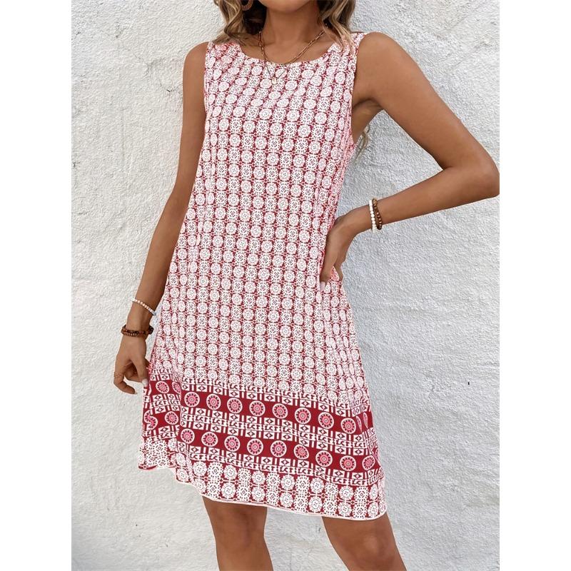 2026 Summer Women's Knee Length Short Dress Bohemian Vintage Printed Round Neck Dress Casual Comfortable Beach Sleeveless Dresse