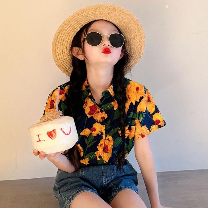 Girls Summer Floral Short Sleeve Shirt Retro Cute Top 90