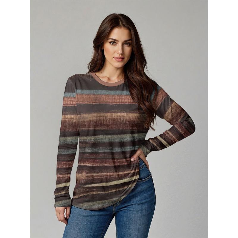 

Осенняя женская футболка повседневная с длинным рукавом, принт в полоску, уличная, с круглым вырезом, женская одежда оверсайз, уличная, винтажные футболки, топ 5XL