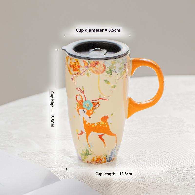500ML Immortal Forest Mystery Animal Ceramic Cup, Large-capacity Water Cup, Coffee Cup with Lid, Couple's Cute Mugs Cup
