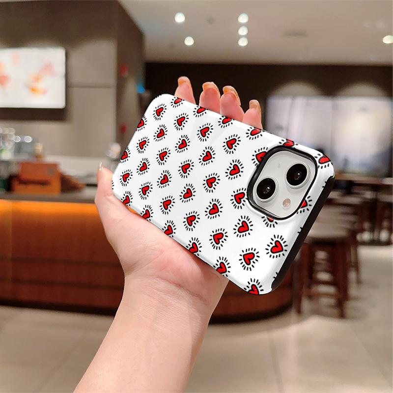 Trendy Kawaii Retro Red Love Heart Hand Drawn Doodle Art Film Aesthetic Protective Phone Case For iPhone 14 15 16 Pro Max Plus Dropproof Bumper Cover