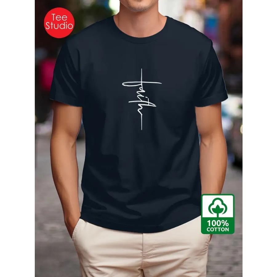 Men's 100% Cotton Faith Pattern Printed T-shirt, Casual Short Sleeved Round Neck T-shirt, Summer Outdoor Men's Clothing